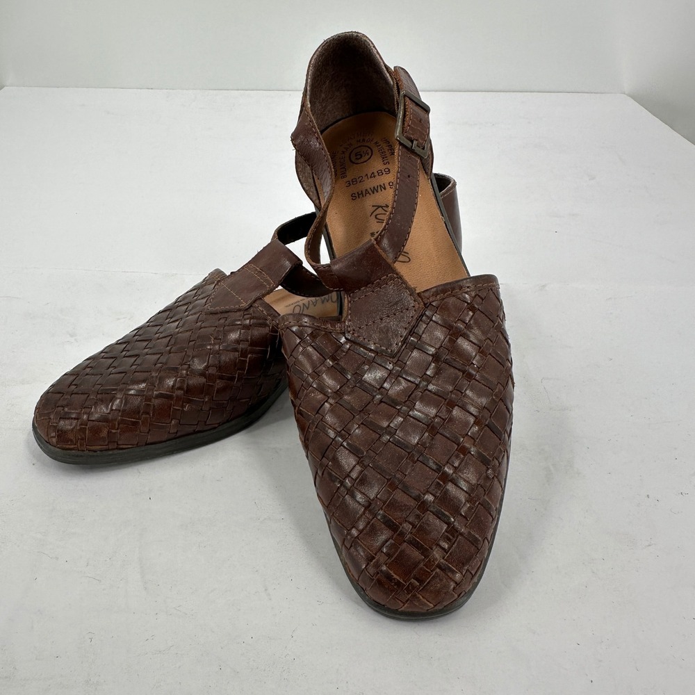 Romano Shawn Womens Size 5.5 Leather Brown Woven T Strap Buckle‎ Sandals Shoes
